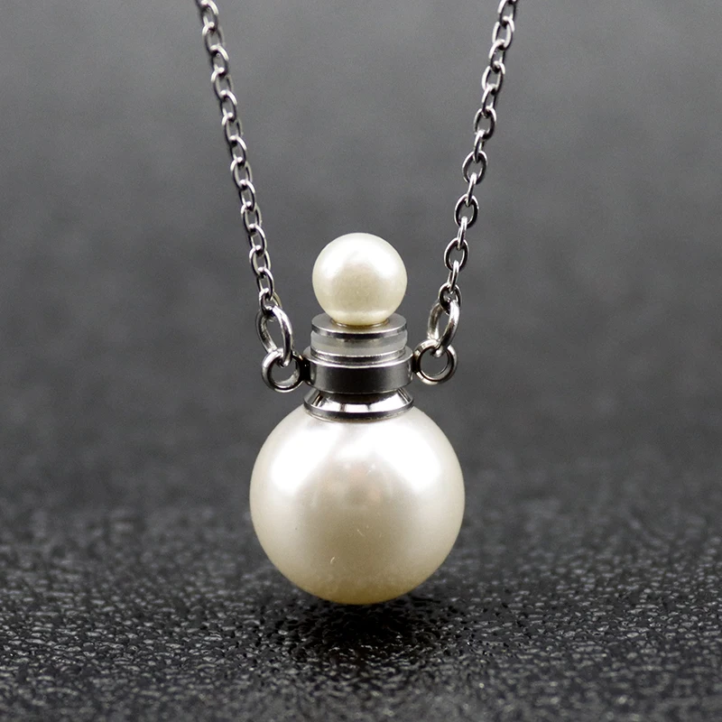 1PC 16MM Pearl Round Ball Essential Oil Diffuser Perfume Bottle Pendant Necklace Stainless Steel Chain Jewelry