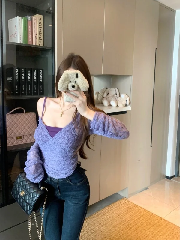 

Женский облегающий трикотажный топ с длинным рукавом и V-образным вырезом, приталенный, для ранней весны, тонкий, базовый слой, внутренняя одежда