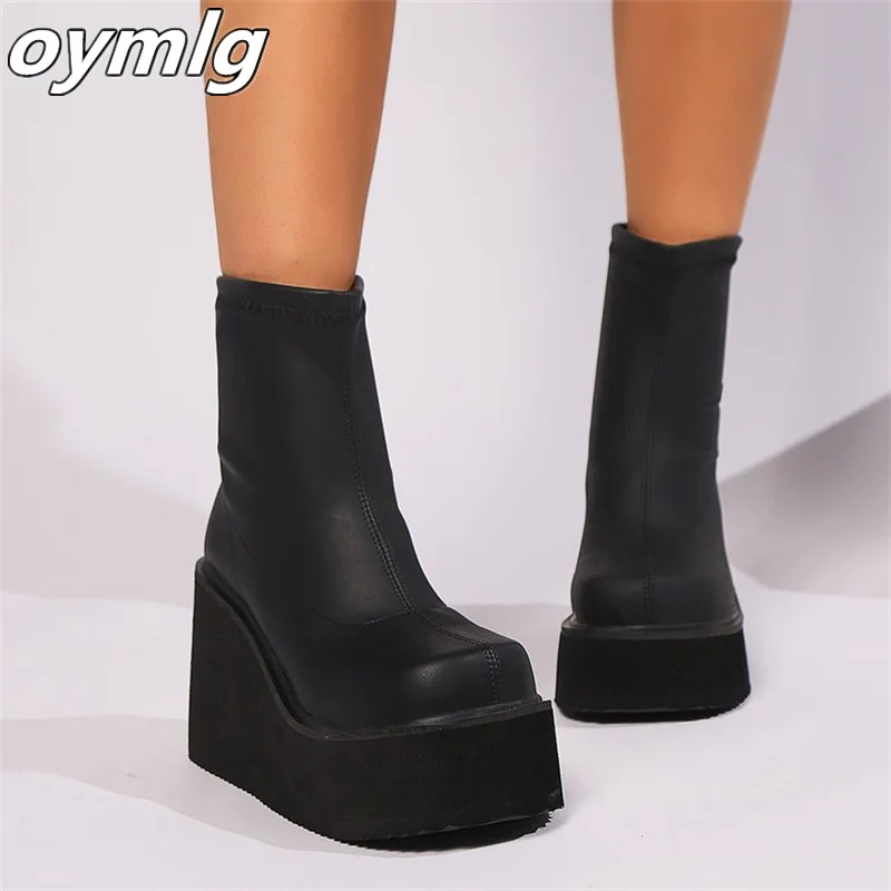 Large size women's boots 2024 autumn thick soled square toe casual elastic boots short boots fashionable women's shoes