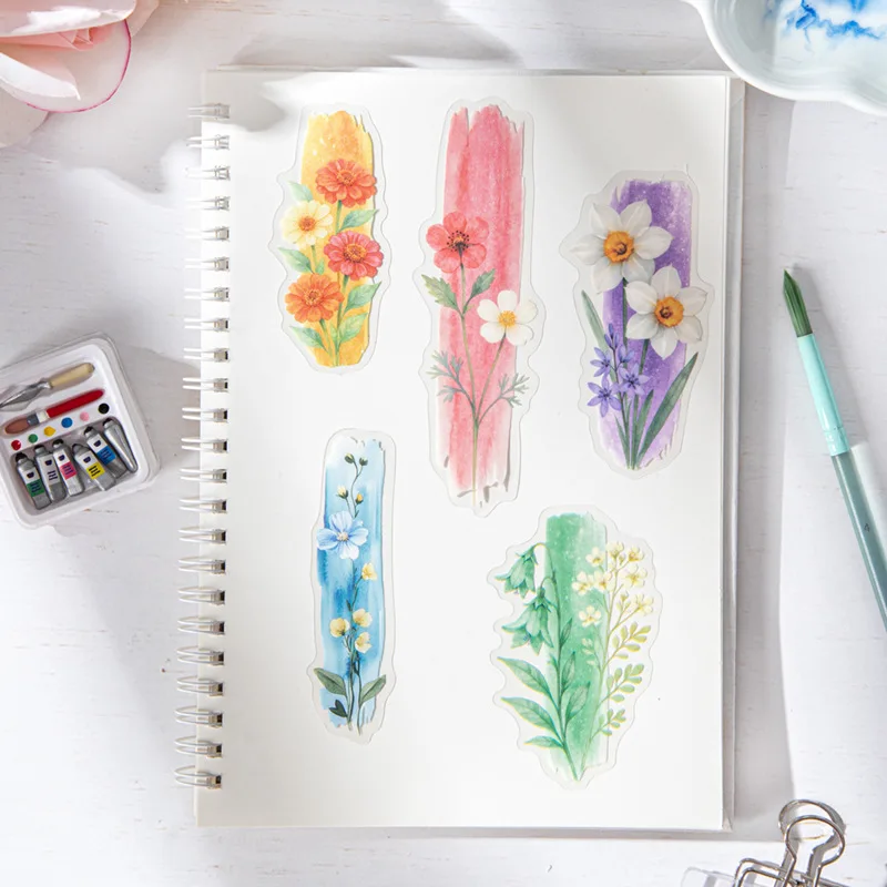 1pack or 3pack Inked Flower Watercolor Strip PET Stickers plant and floral materials decorated background stationery
