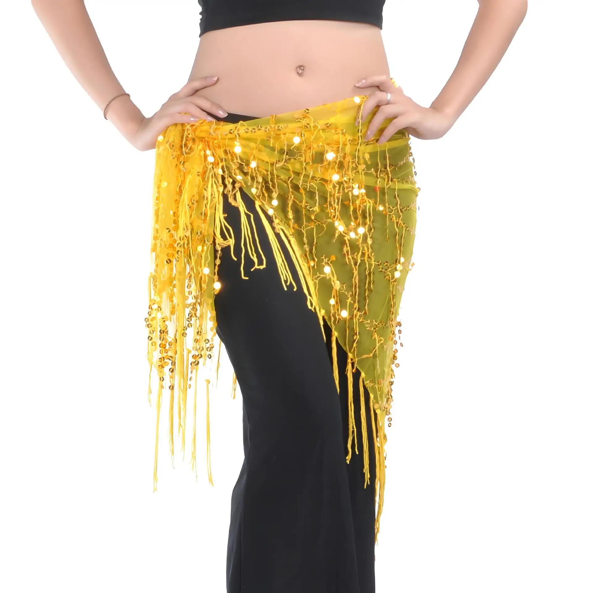 Sequined triangle scarf, belly dance fringed waist scarf, gauze scarf clothing is hot, only one waist scarf is included.