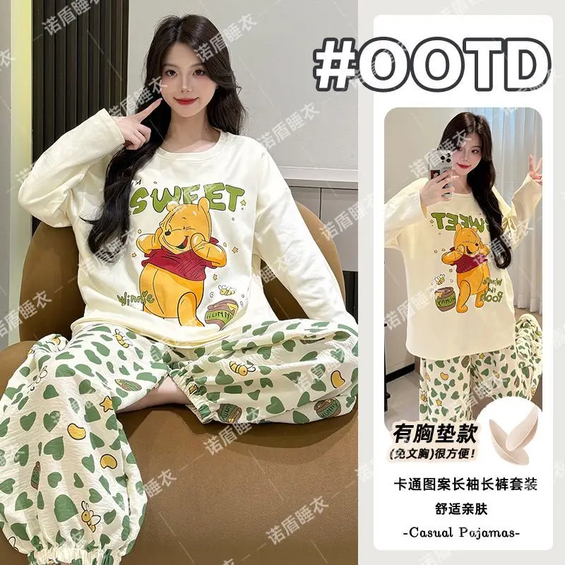 Pure cotton padded pajamas for women spring and autumn Mickey cartoon printed long-sleeved trousers two-piece home wear set