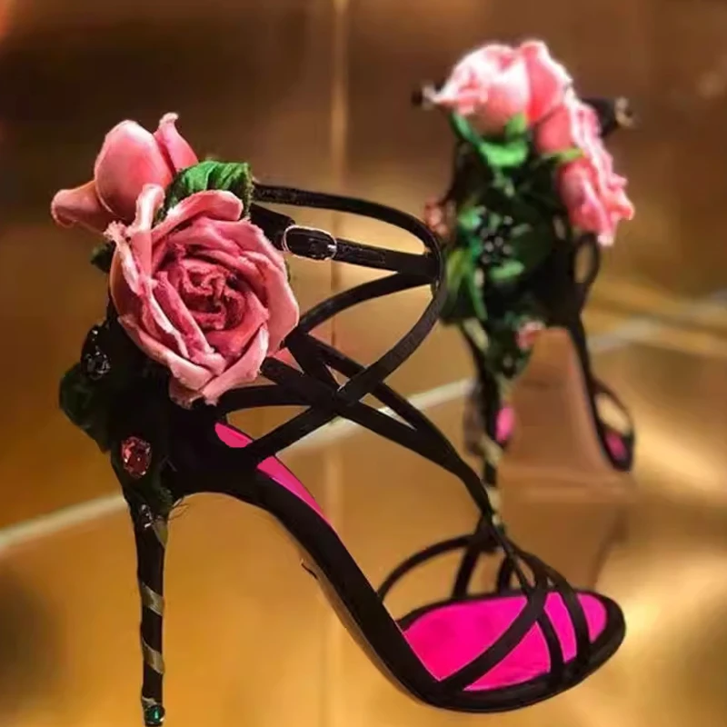 

3D Floral Open-Toe Rhinestone Strappy Stiletto Sandals Woman Summer 2026 Flower Striped Heel Black Satin Party Shoes Evening