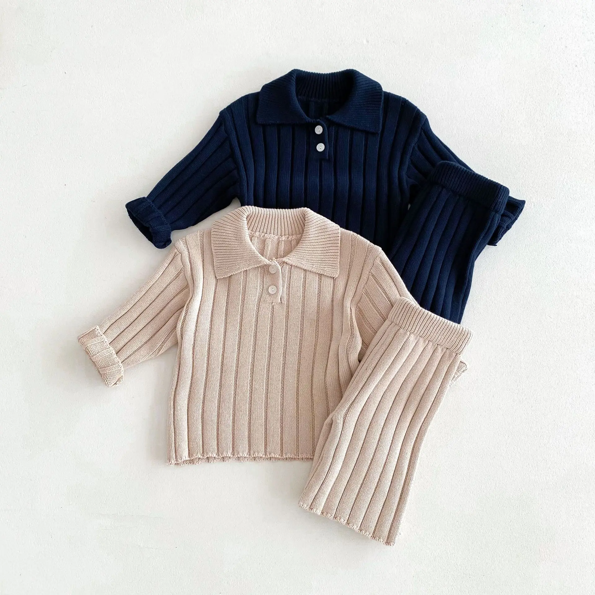 2024 Autumn New Children Long Sleeve Casual Set Solid Boys Girls Lapel Knitted Sweater + Pants 2pcs Suit Kids Versatile Outfits