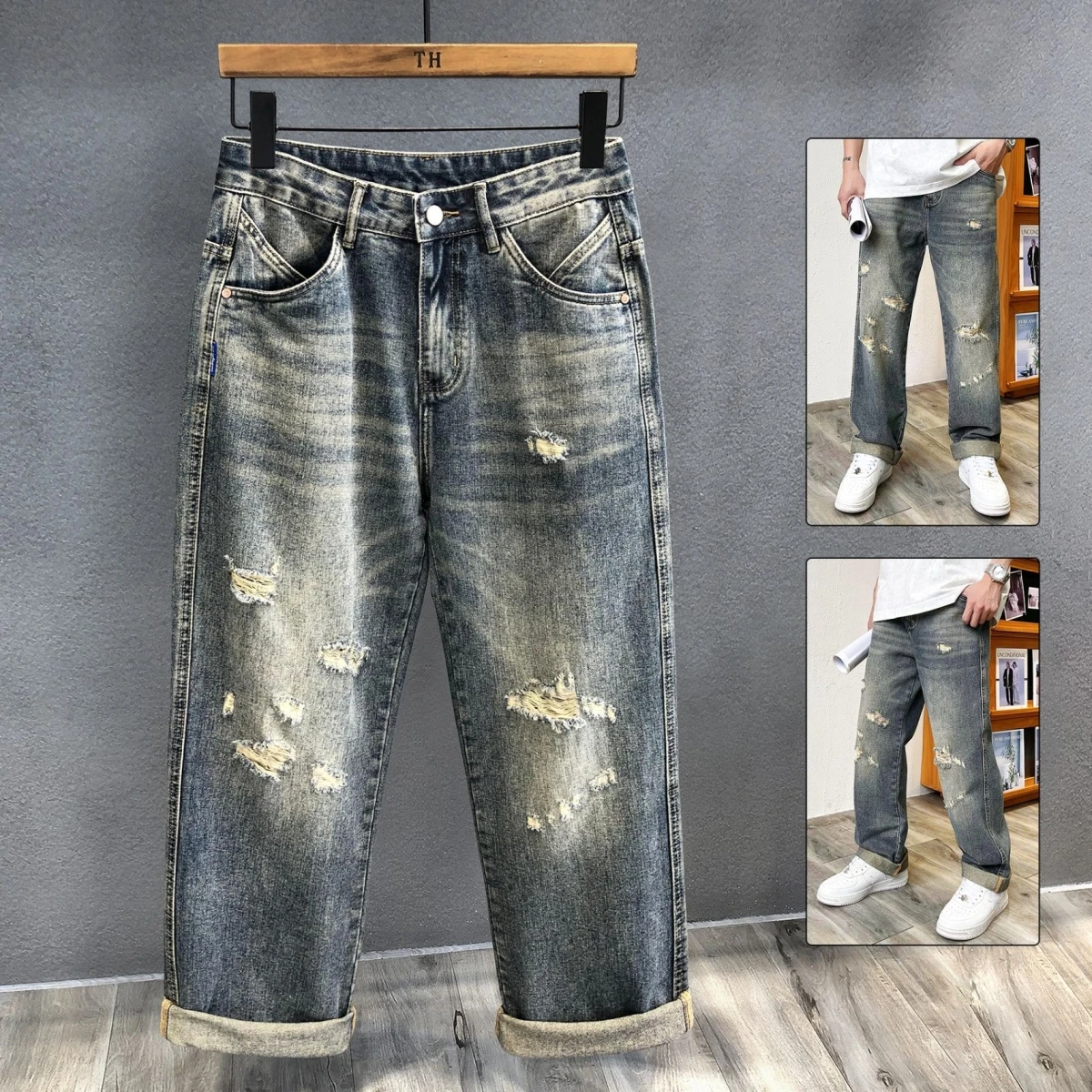 

Retro High Street Men's Jeans Spring Summer Loose Straight American Sle Wear Resistant Low Waist Long Pants Youth Faion