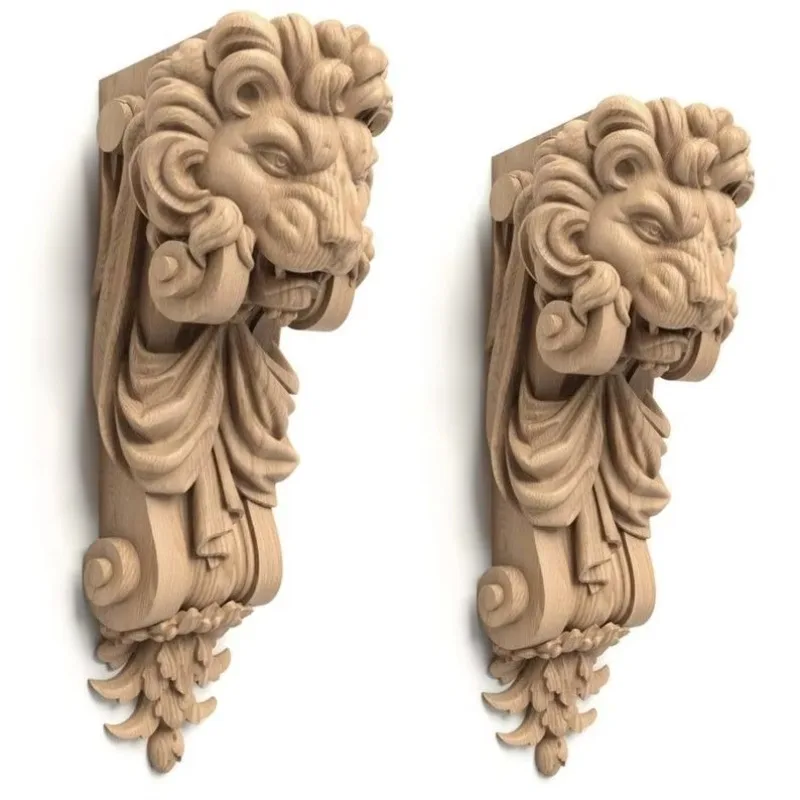 Solid wood wall corbel with detailed lion carving for heavy-duty support