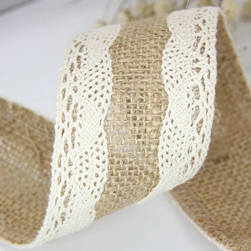 Elfenbeinfarben, 2 Meter/Stück, Breite 5 cm, natürliche Jutebänder, Jute-Spinnbänder mit Baumwollspitze für DIY-Dekorationen, Jute für Hochzeiten. – Detail 2