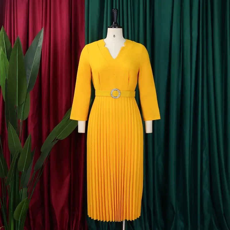 

2024 Summer Elegant Africa Office Ladies V-neck 3/4 Sleeve Pleated Dress Evening Party Robe with Belt African Dresses for Women