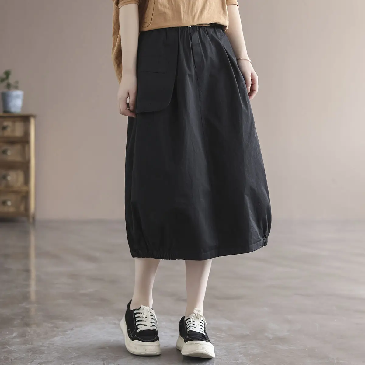 High Waist Loose Artistic  Color Midi Skirt Korean Style Commute A-Line Skirt for Women in Their Late Twenties