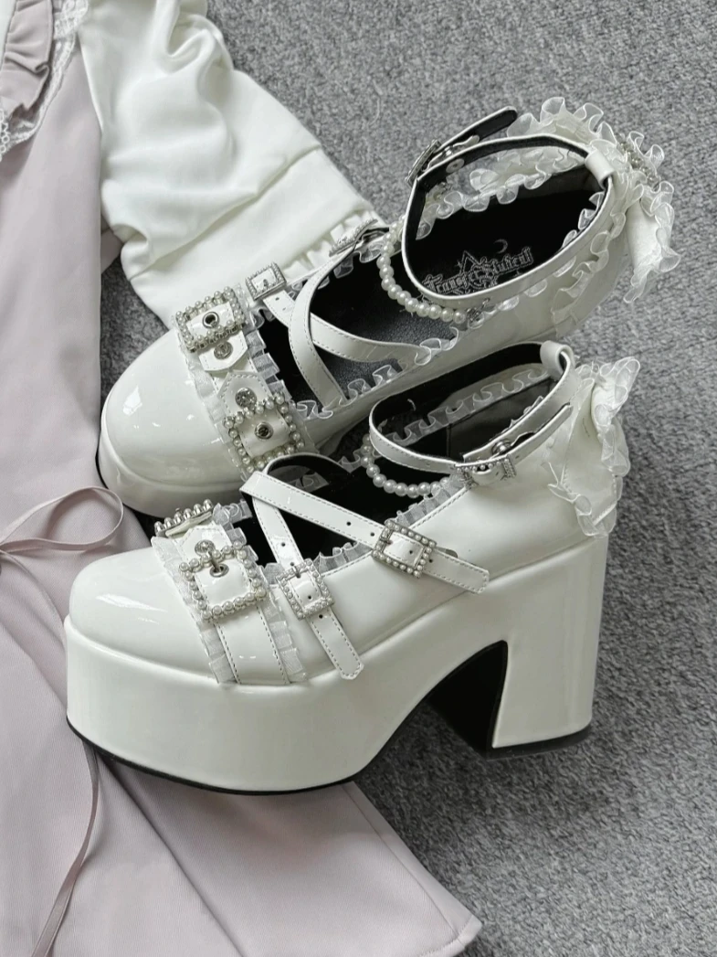 

Japanese Style Shallow Thick-Soled Shoes Sweet Rhinestone Pearl Mine Series Platform Shoes Daily Versatile Round-Toe PU Shoes