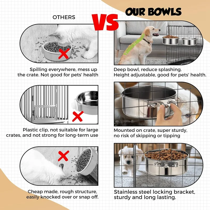 Dog Bowls 2 Pack, Stainless Steel Dog Food Bowl and Water Bowl, Hanging Dog Bowls for Cage Crate Kennel, Non-Spilling-A75P
