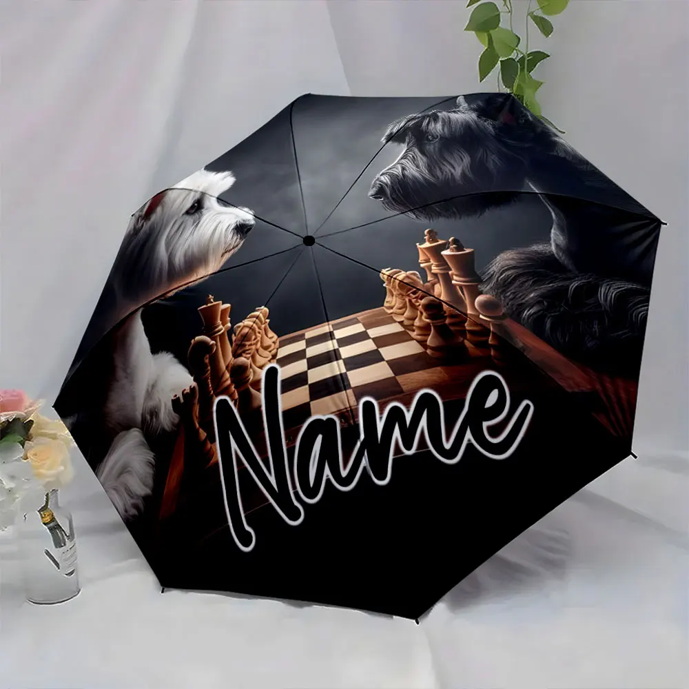 Custom Name Chess Battle Between Dogs Printed on Umbrella Print 8 Iron Ribs Folding Umbrella Auto-Open Fashion Sunshade