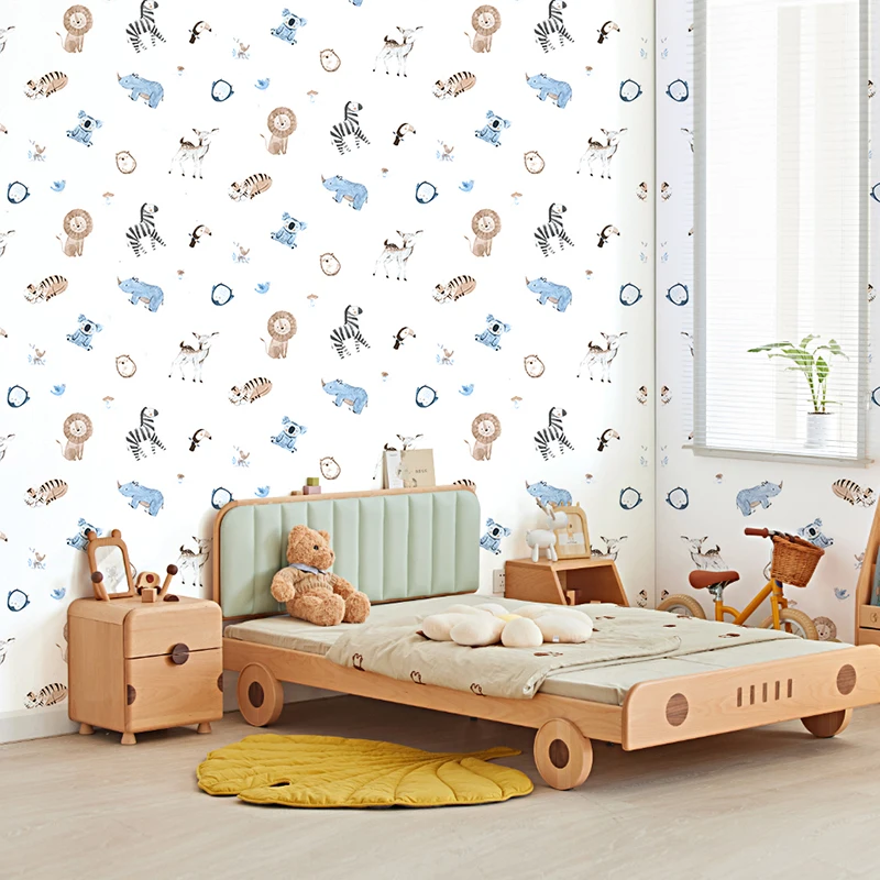 Children's Room Wallpaper Lion Zebra Rhinoceros Cartoon Forest Animal Boys Girls Room Bedroom Wallpaper Wall Art Decals