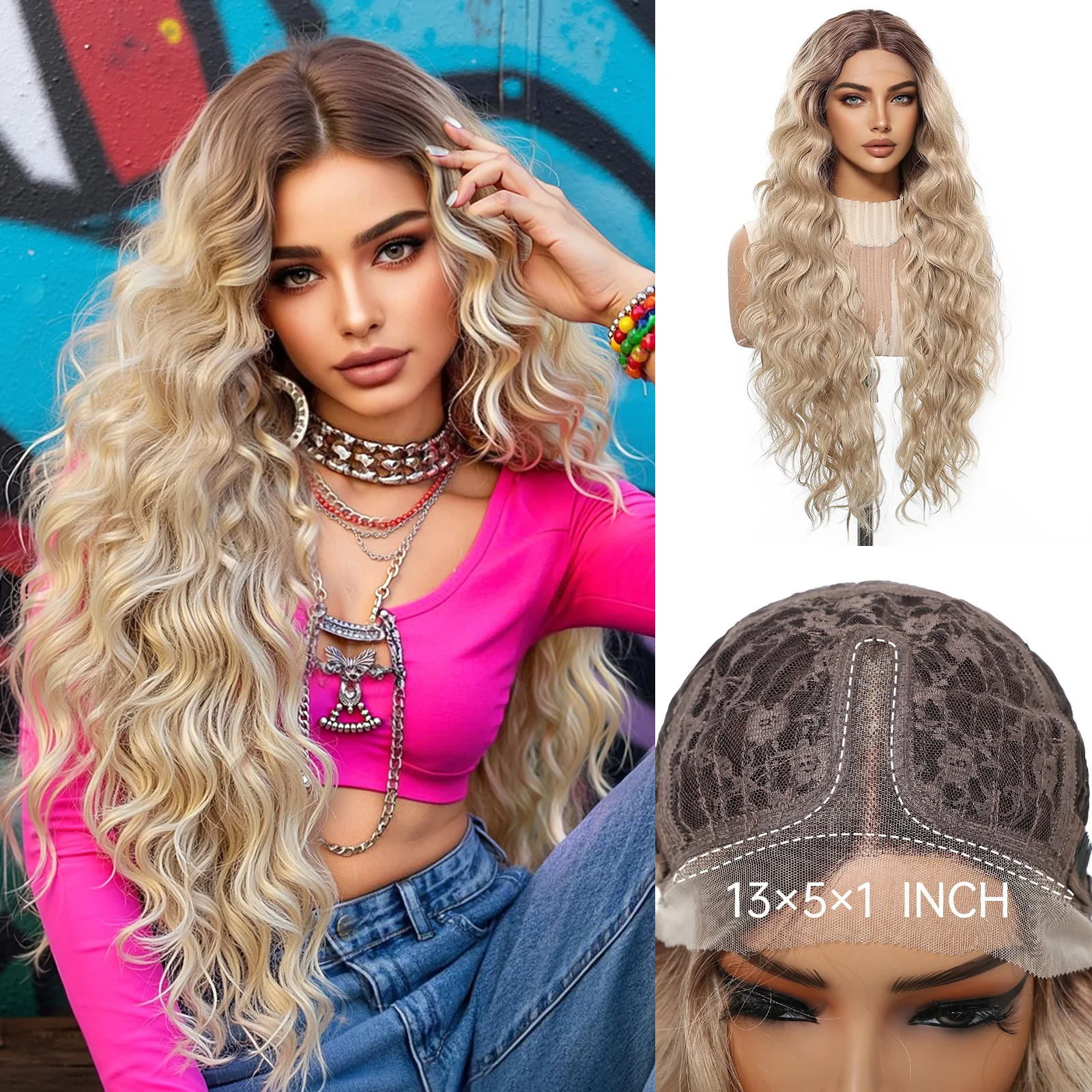 Ombre Blonde Synthetic Lace Front Wig 13*1 T Part Lace Wig Long Curly Hair Natural Looking for Daily Party Heat Resistant Fiber