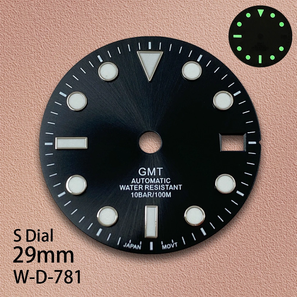 29mm GMT S 로고 선버스트 다이얼 NH34 무브먼트 그린 루미너스 고품질 다이얼 시계 수정 액세서리 3/3.8/4시