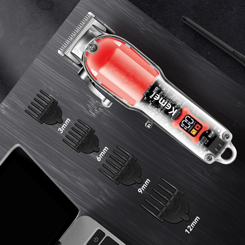 Kemei Salon Electric Cordless Hair Trimmer Professional Hair Cutting Machine Cordless Transparent Design Fade Clippers Barber