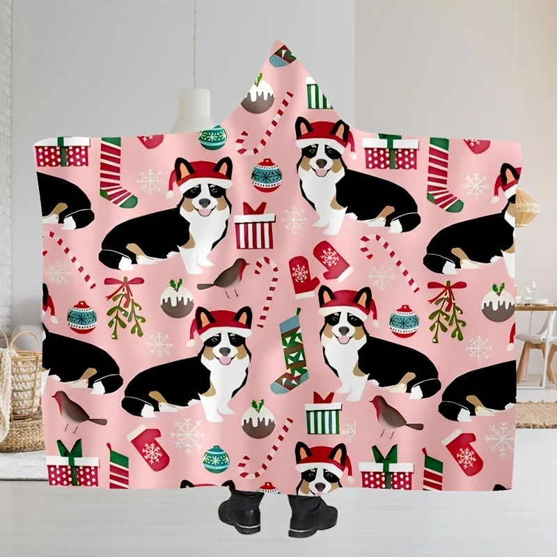 Flannel Hooded Cape Style Cape Lazy Cute Gift Christmas Dog Print Blanket Comfortable Soft Warm Cover Blanket