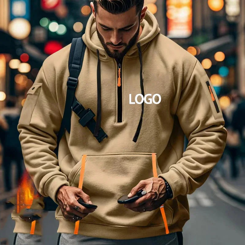 Customized LOGO Brand Drop Hoodies Men Leisure Sport Zipper Arm Pocket Loose Sweatshirts Man Fashion Hoody Jacket Pullover Top