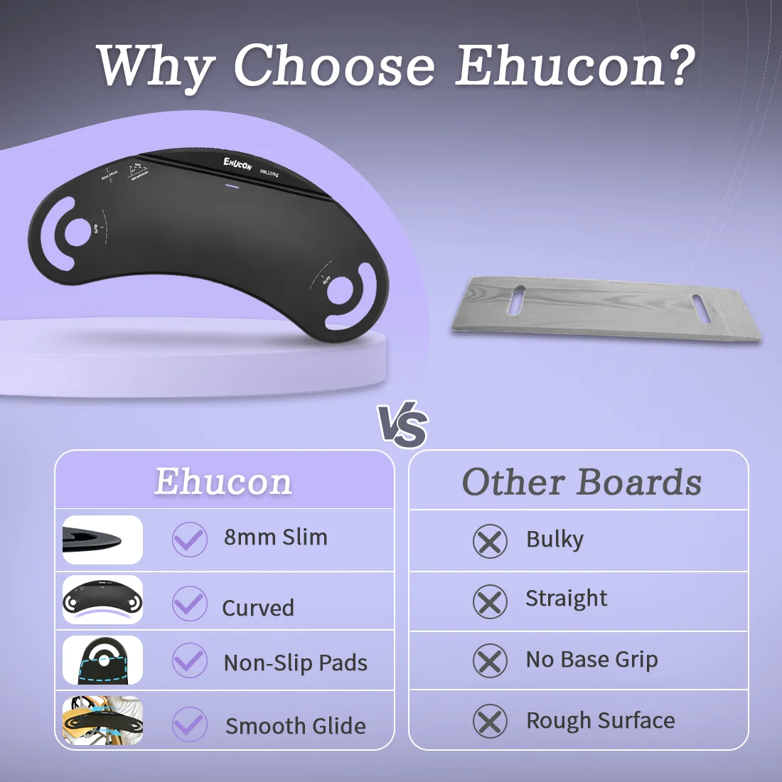 Ehucon Slim Slide Transfer Board with Non-Slip Pads & Ergonomic Handles, 265lbs Capacity Transfer Board for Bed, Wheelchair