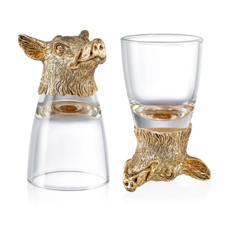 Home Decoration Luxury Animal Series Pig Gold Stained Glass Set Beer Wine Container Small Glass Festive Table Ornaments