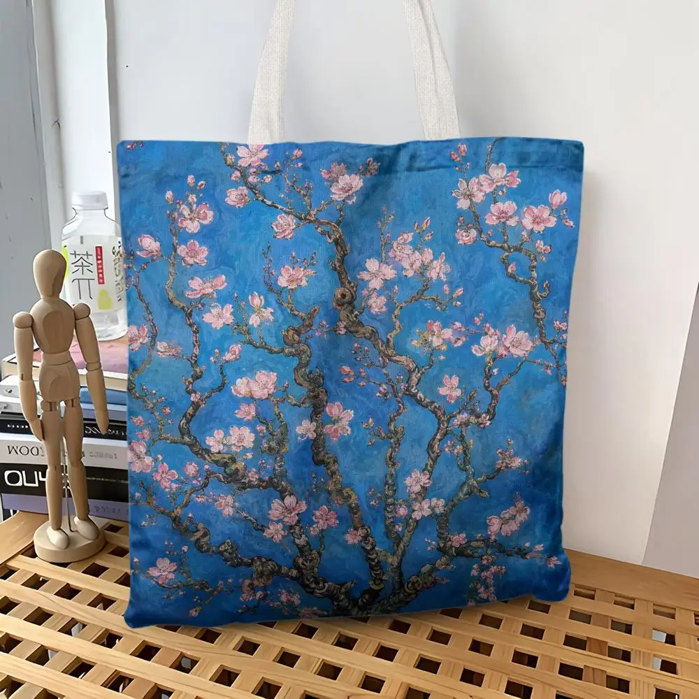 Apricot Blossom Oil Painting Storage Bags Canvas Tote Bag Large Capacity Shoulder Bag Eco-Friendly Reusable Casual Handbag