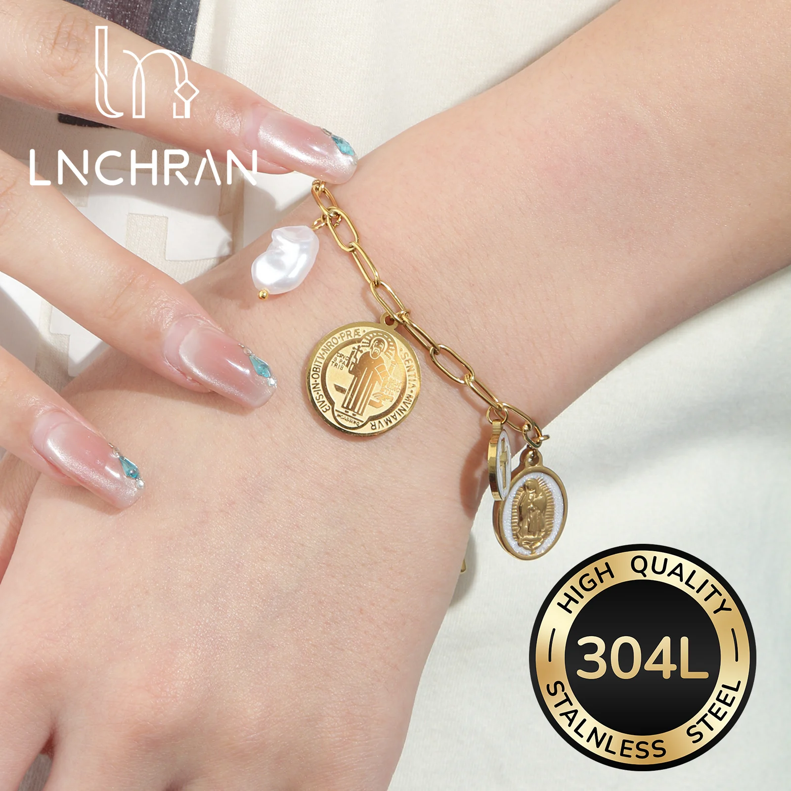 

Golden Stainless Steel Our Lady of Guadalupe Charm Bracelet with Faux Pearl for Women