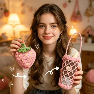 Decoración Colgante para Bolso con Diseño de Fresa de Verano, de Doble Uso, No es un Producto Terminado, Incluye Tutorial en Video en Inglés y Kit Completo de Herramientas, Ideal para Principiantes en Crochet, Regalo para Adultos y Niños, con Tutorial en 