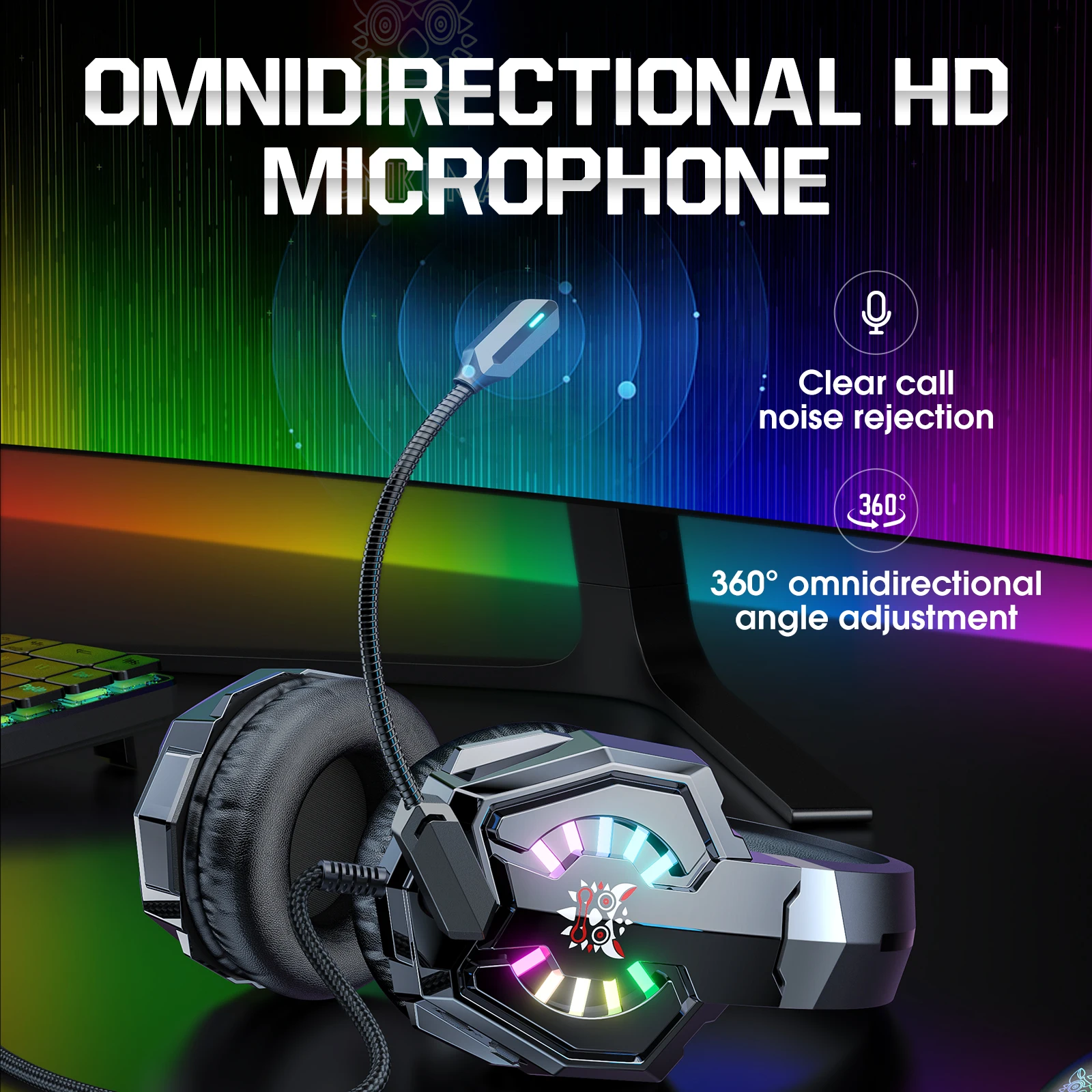 ONIKUMA X32 Black Wearable Wired Gaming Headset with Flexible Mic LED Lights, Dynamic RGB Lighting