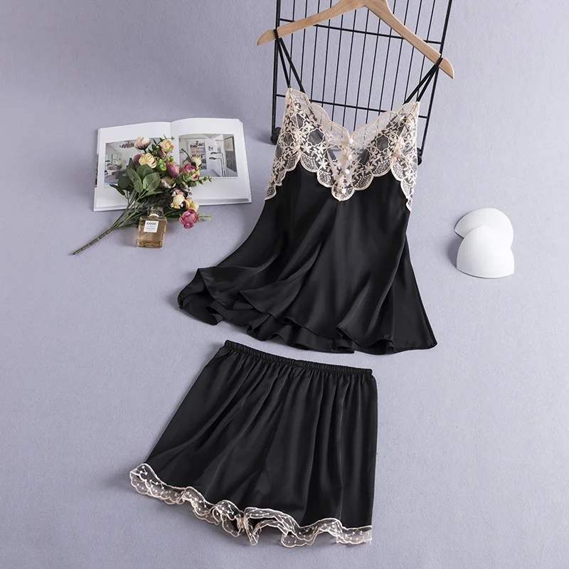 Women Suspender Pajamas Set New Summer Sleepwear Sexy Patchwork Lace Strap Top&Shorts Intimate Lingerie Thin Rayon Home Clothes