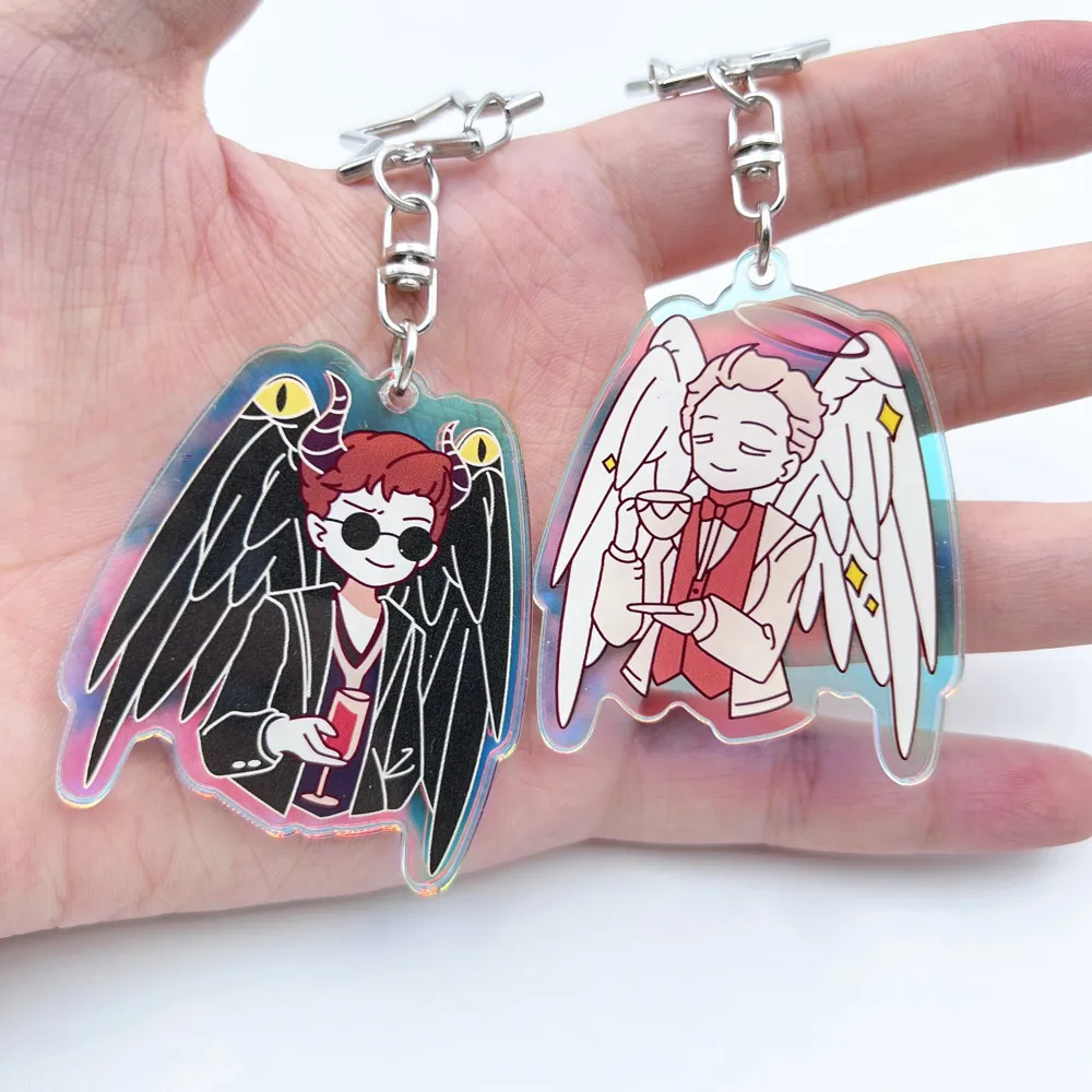 TV Series Good Omens CA Aziraphale Crowley Cosplay Keychain Alloy Acrylic Keyring 2 Pcs/Set Key Chain Bag Pendant Accessory Prop