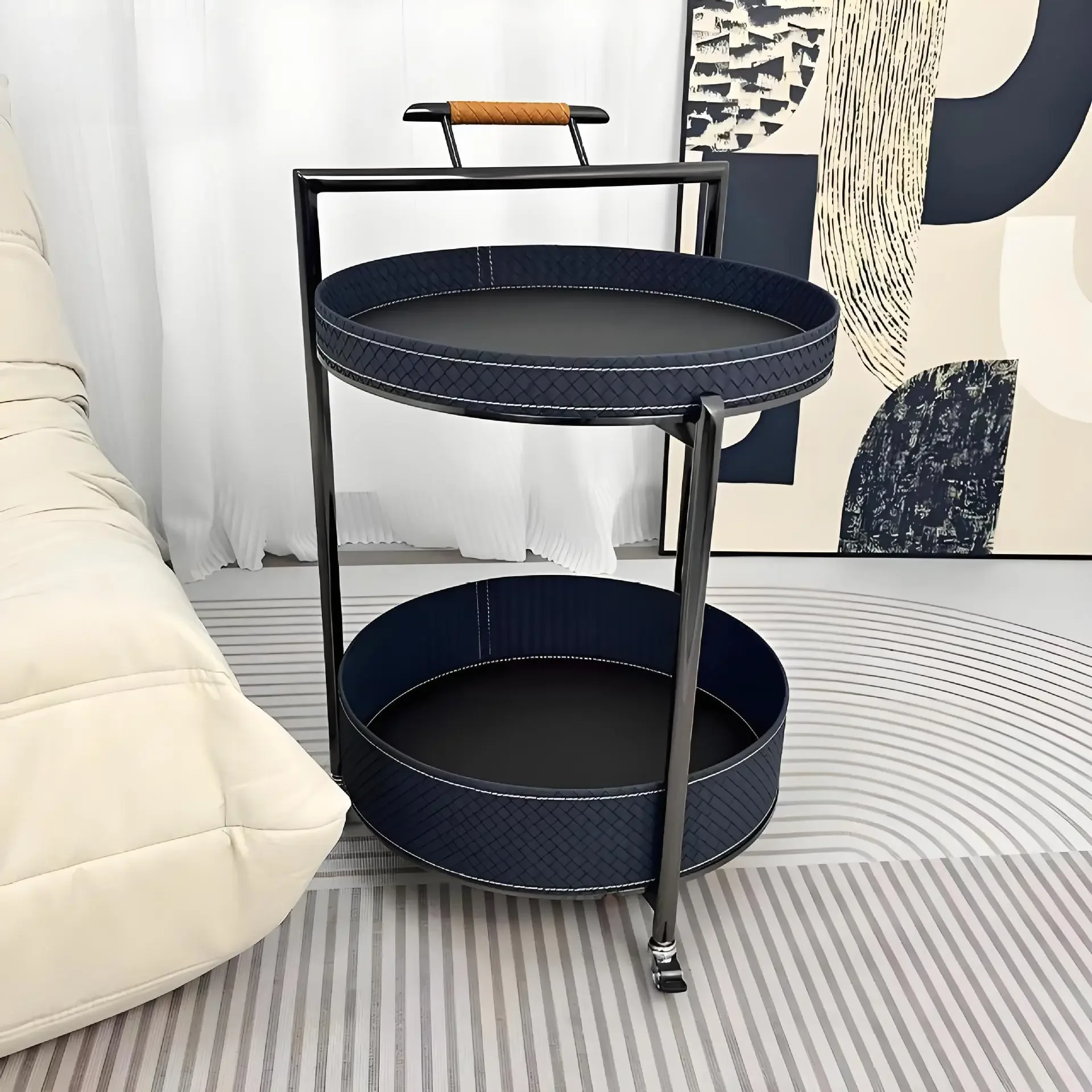 Round saddle leather trolley with wheels Movable sofa side table, trolley Saddle leather small coffee table