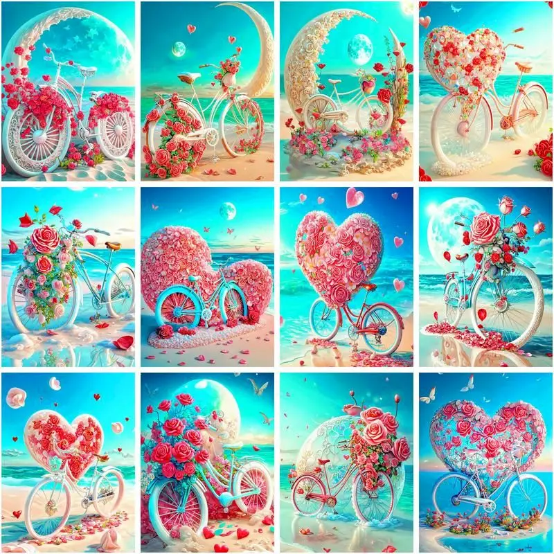 CHENISTORY Paint By Numbers Seaside Bicycle Scenery For Adults Kits Canvas Rose Flower Drawing Coloring By Numbers Home Decor