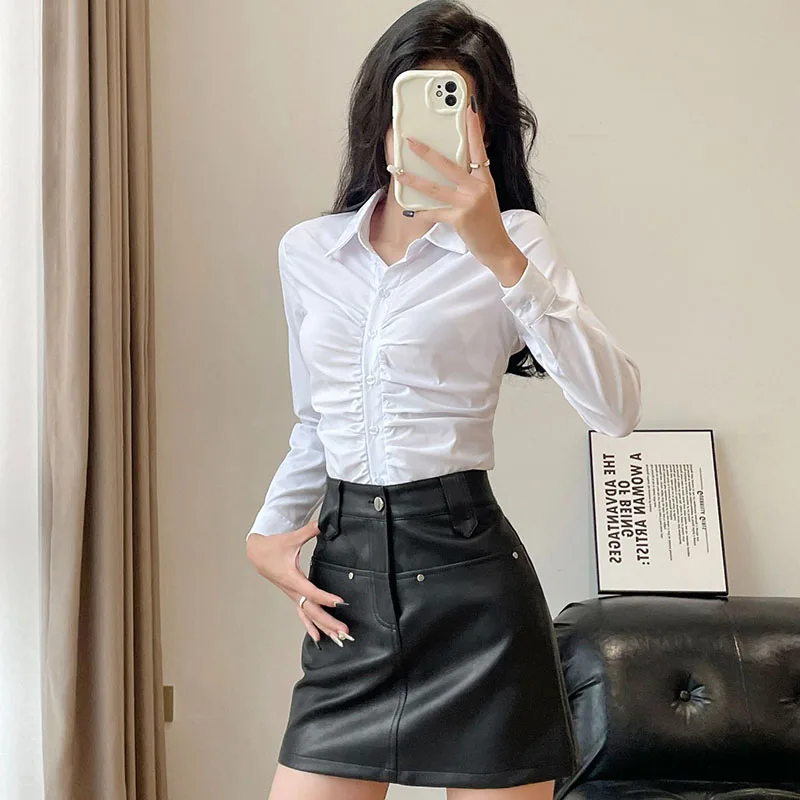 Otoño mujer blusas blancas de manga larga ajustadas coreanas botones pliegues camisas con cuello vuelto Sexy Y2K Oficina señora OL Crop Tops