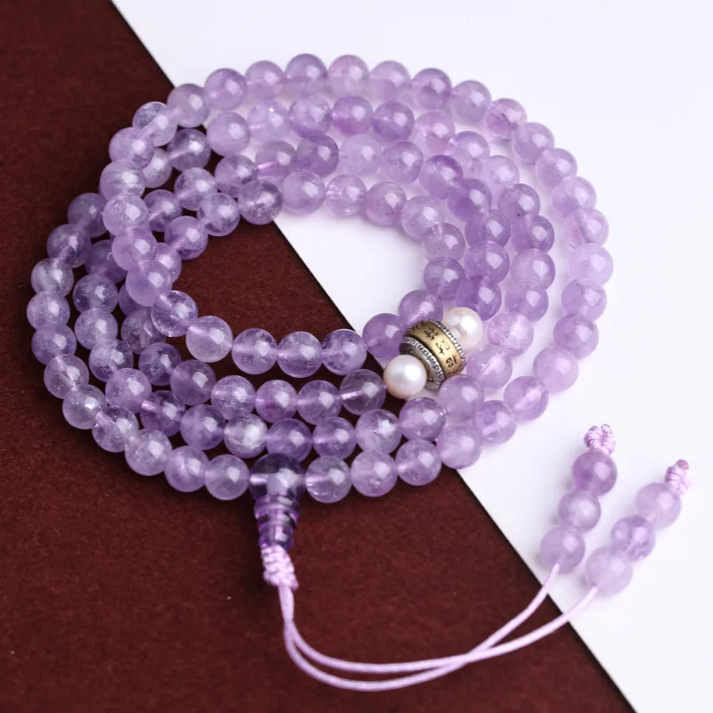 Natural Lavender Purple 108 Buddha Beads Bracelet Necklace S925 Sterling Silver Rotatable In Middle