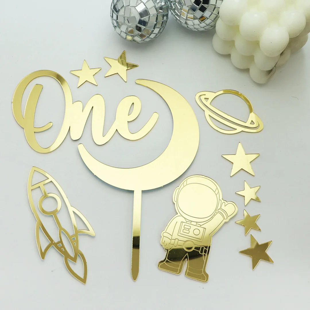 11 unids/set acrílico dorado un espacio astronauta pastel Toppers para Baby Shower fiesta de cumpleaños postre horneado pastel decoración suministros