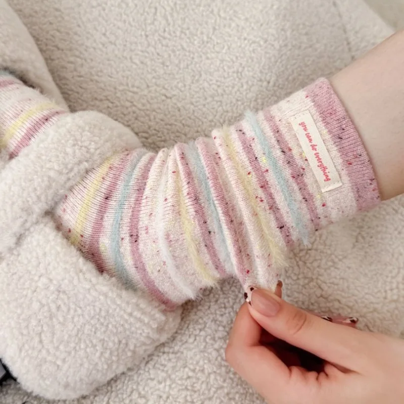5 Pairs Women's Socks Set Soft Color Blocked Striped Wool Socks Autumn And Winter Plush Thick Warm Dot Yarn Versatile Pile Socks