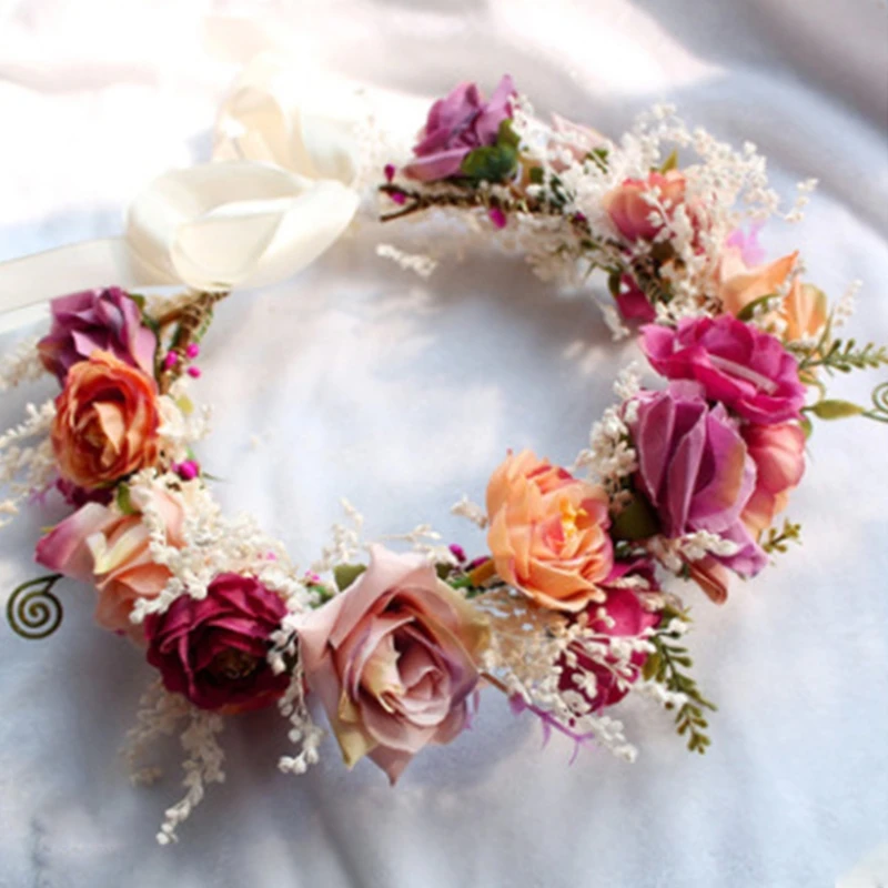 Women Flower Headband Wreath Handmade Adjustable Floral Wedding Headband Photo Props