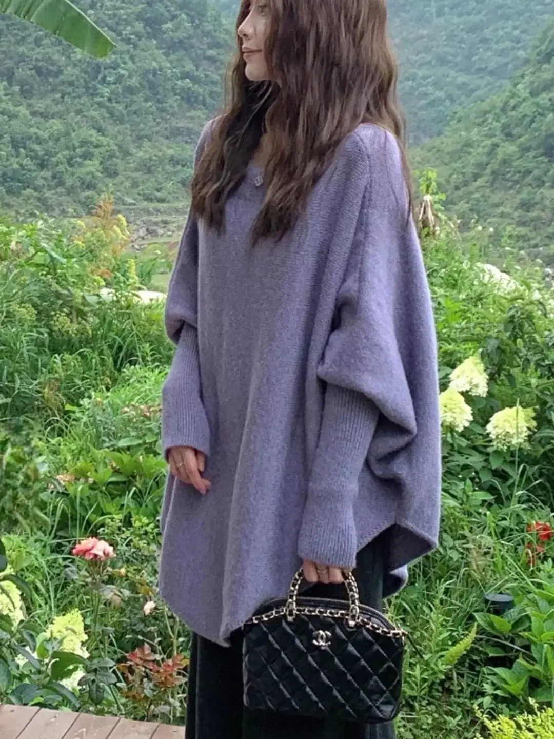 パープルニットカウルネックセーターコートカジュアル秋新作スリーブソフトレイジートップ万能カバーアップアウターウェア女性用