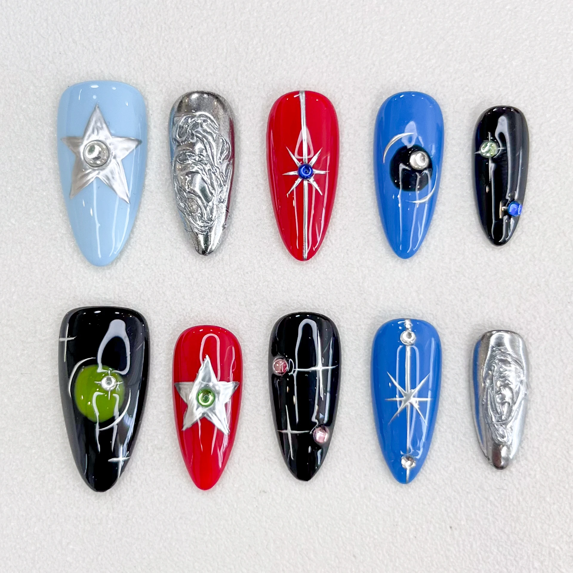 

New 2025 Handmade Personalized Manicure Series Fake Nails Artificial Nails Pentagram 3D Series Relief Female Nail Decoration