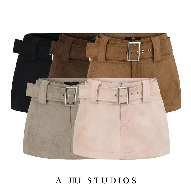 

Sexy Semi-Body Skirt American Retro Deer Skin Low Waist Women's Autumn Versatile Slimming Anti-Light A-Line ort Skirt