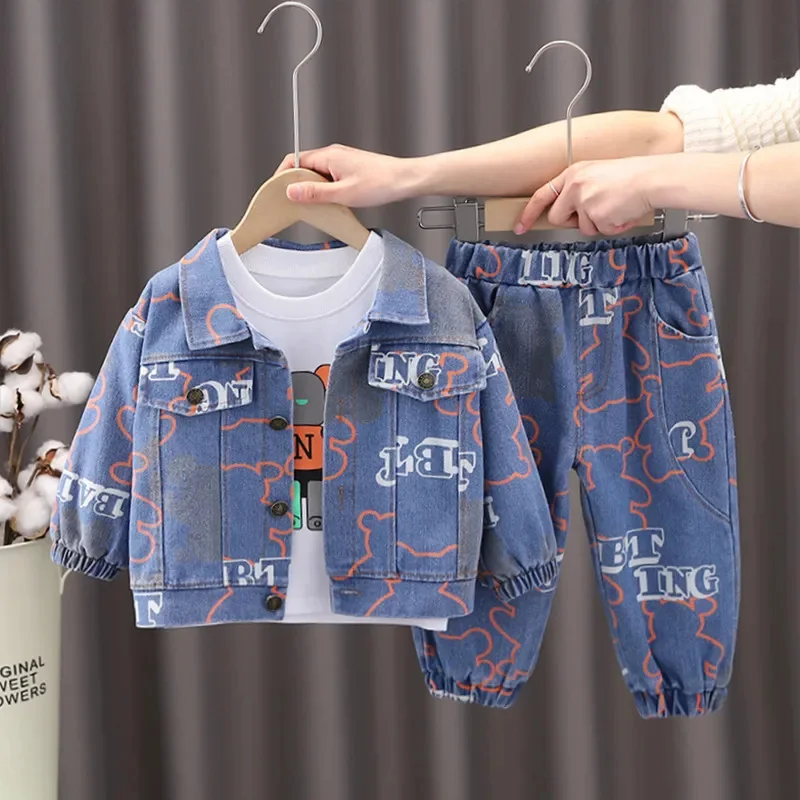 3pcs Boys Autumn Spring Denim Clothing Set 2023 New Fashion Turn Collar Print Jackets & Jeans And T-shirt Kids Clothes Suits