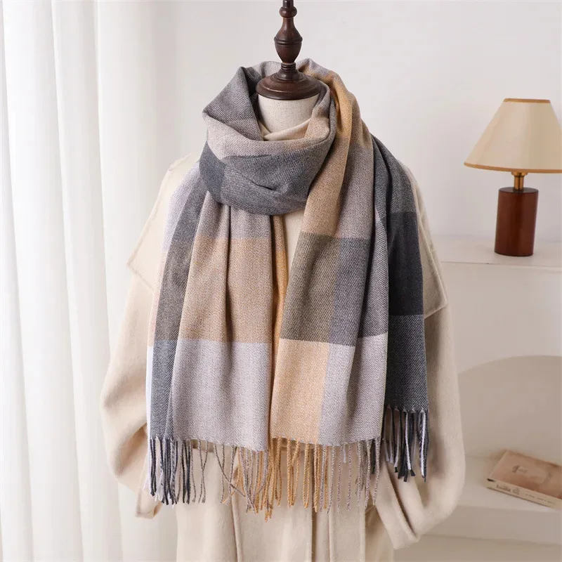 

Luxury Fashion Rainbow Color Plaid Designer Winter Scarf Women Imitation Cashmere Shawl Outdoor Blanket Wrap Tassel Warm Lady