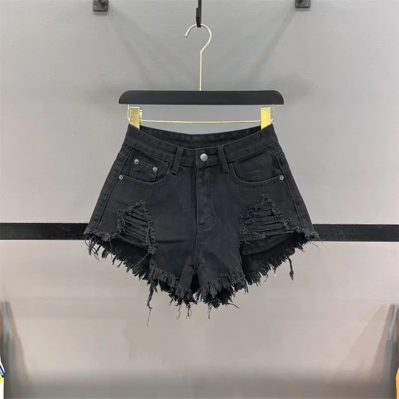 

Women's Slim and Low Waist A-line Hairy Wide-leg Hot Girl Ripped Denim Shorts