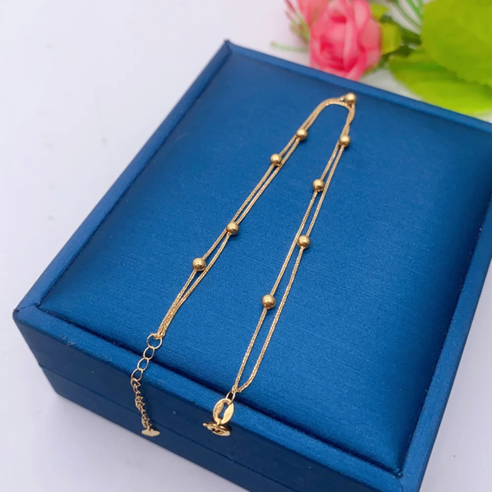 Real 18K Yellow Gold Mini Beads Wheat Foxtail Chain Two Layers Bracelet Au750