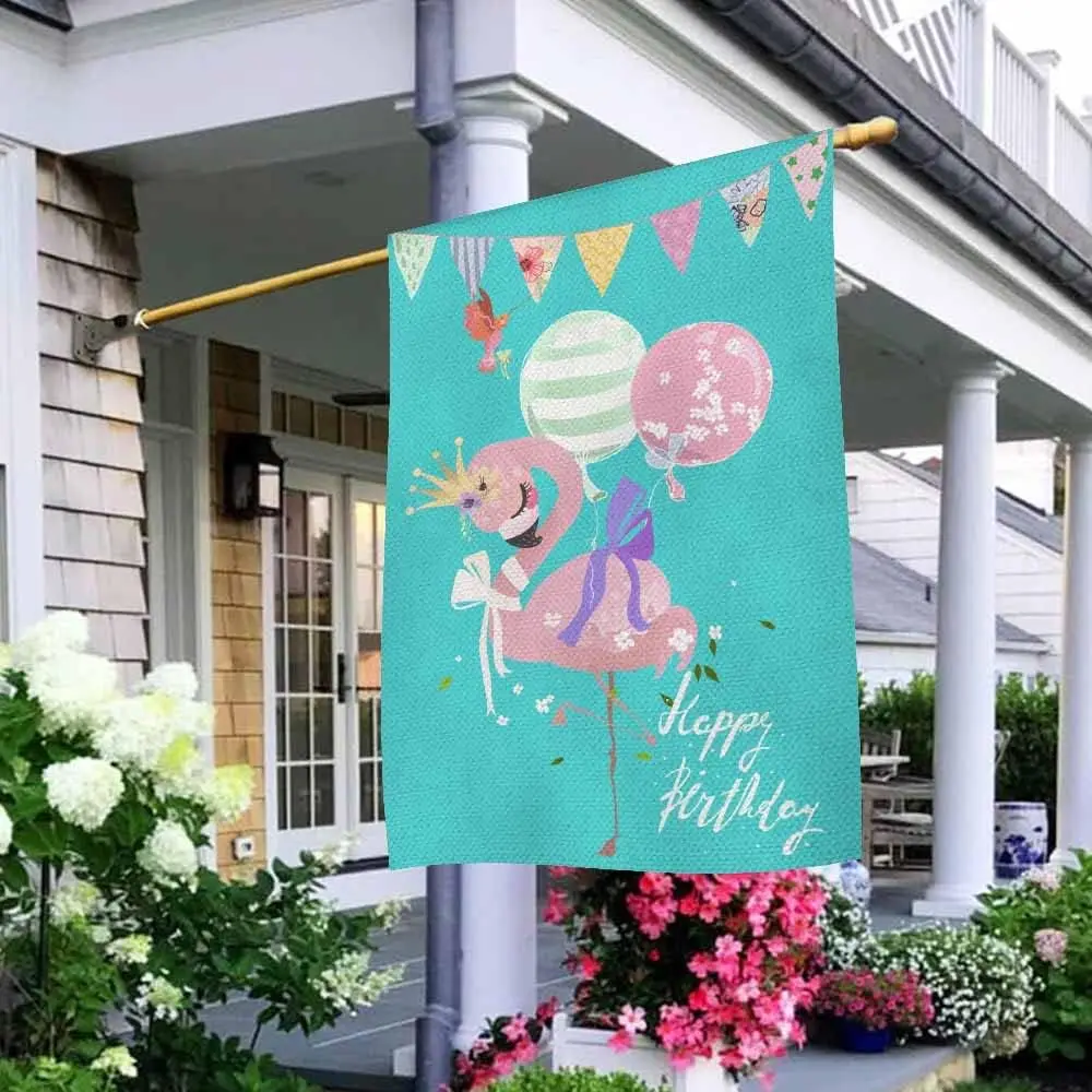 AOYEGO Happy Birthday Cute Flamingo House Flag Vertical Double Sided Burlap Pink Baby Princess Crown Tied Bow and Balloons F EEZ
