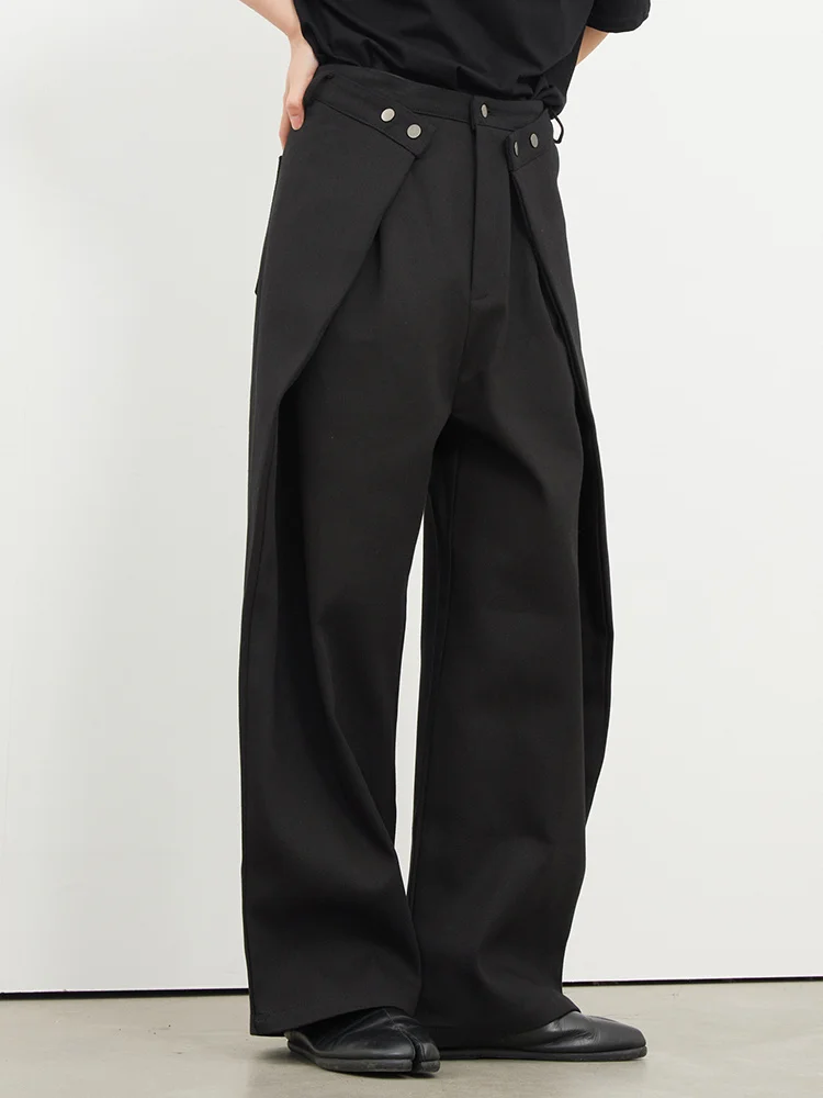 [EAM] High Waist Black Pleated Button Long Wide Leg Pants New Loose Fit Trousers Women Fashion Tide Spring Autumn 2024 1DF8330