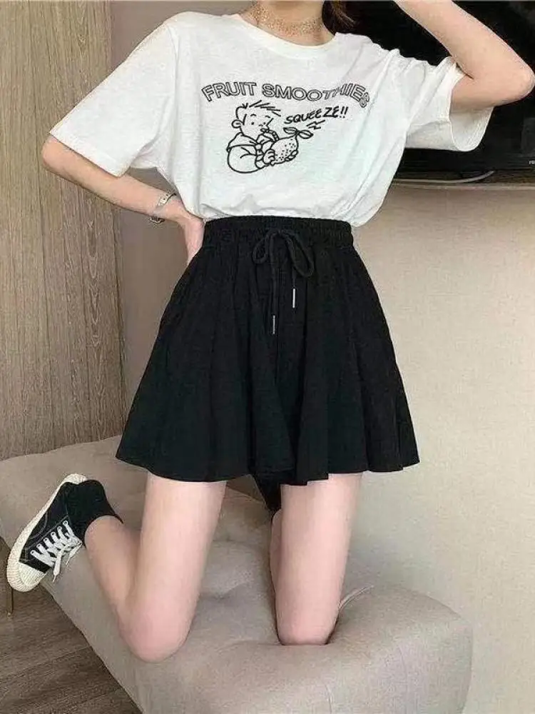 2024 Summer Shorts Skirts Women Elastic High Waist Casual Wide Leg Shorts Korean A Line Loose Mini Skirt Black Short Pants