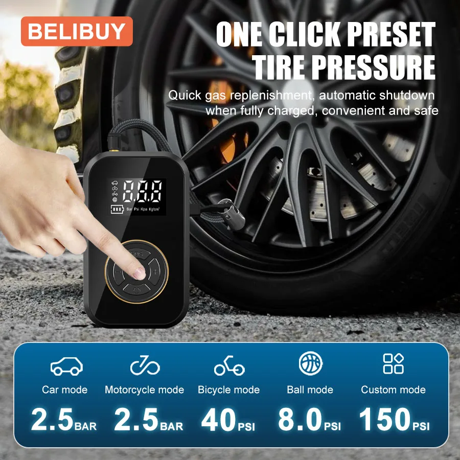 BELIBUY Professional Tire Inflator with Kpa Display, Portable Electric Air Compressor for Car Bike Ball Mattress