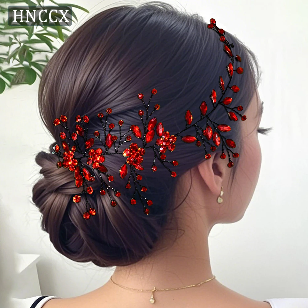 HNCCX Elegant Red Color Rhinestone Flower Bride Hair Vine Handmade Headpieces For Outdoor Wedding Banquet Prom Hair Band HP65 image 4