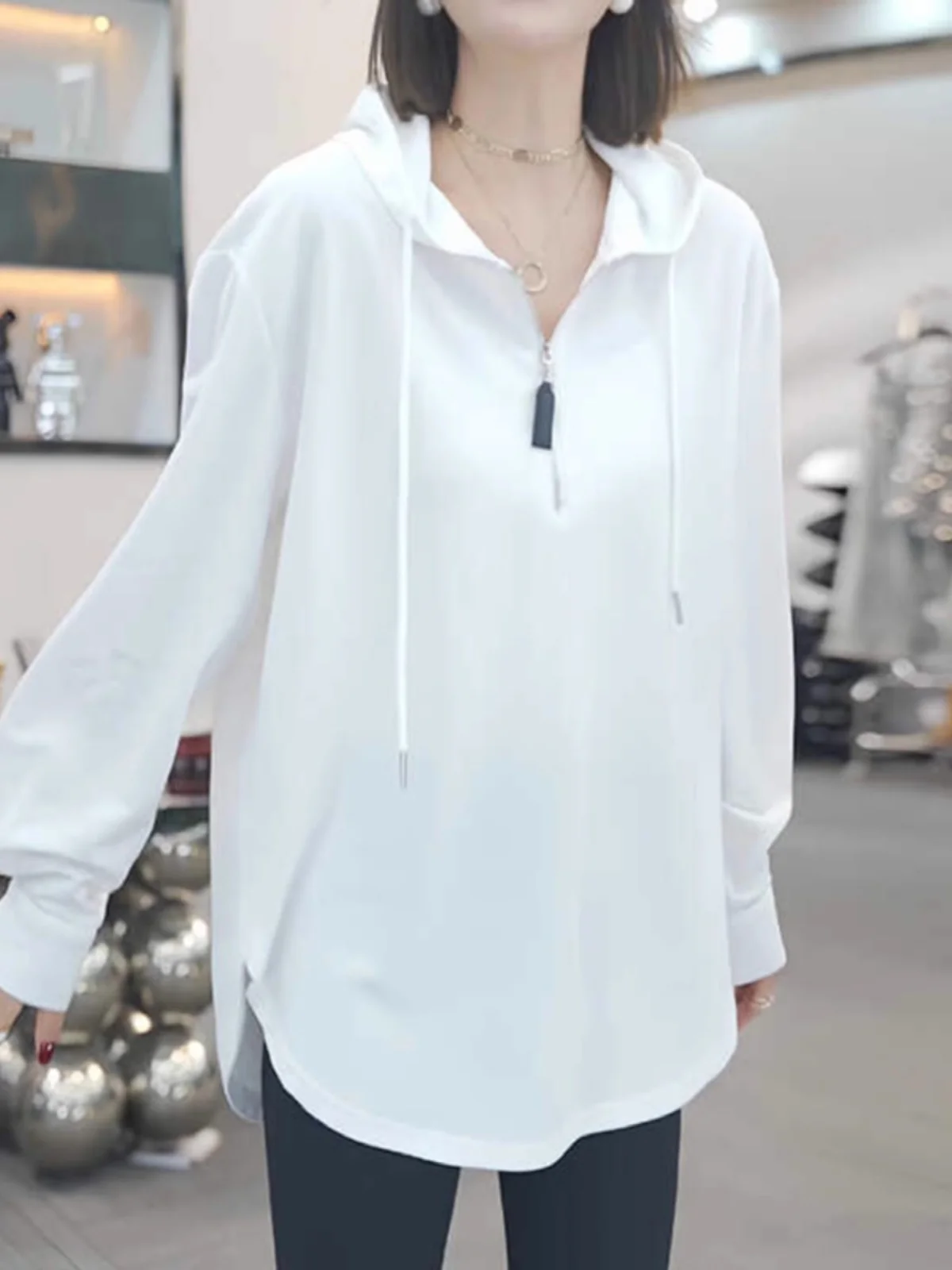 Women's Hoodie Long Trousers White Butt Covering Mid-Length Spring New Large Size Loose Half Zipper Top Commute Style